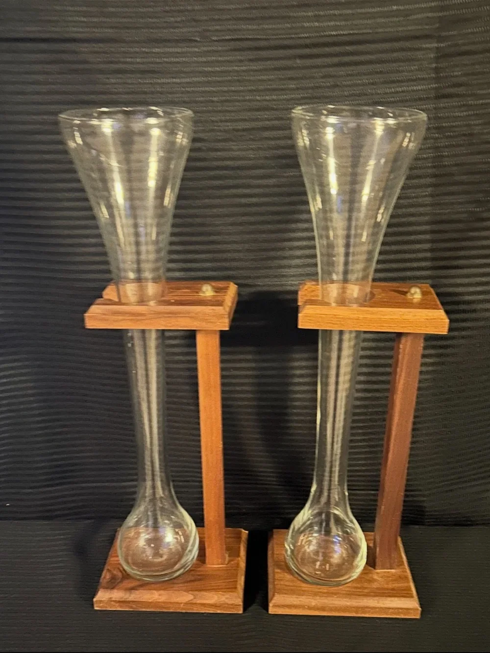 Vintage Pair Half-Yard Ale Beer Glasses w/ Wooden Stands